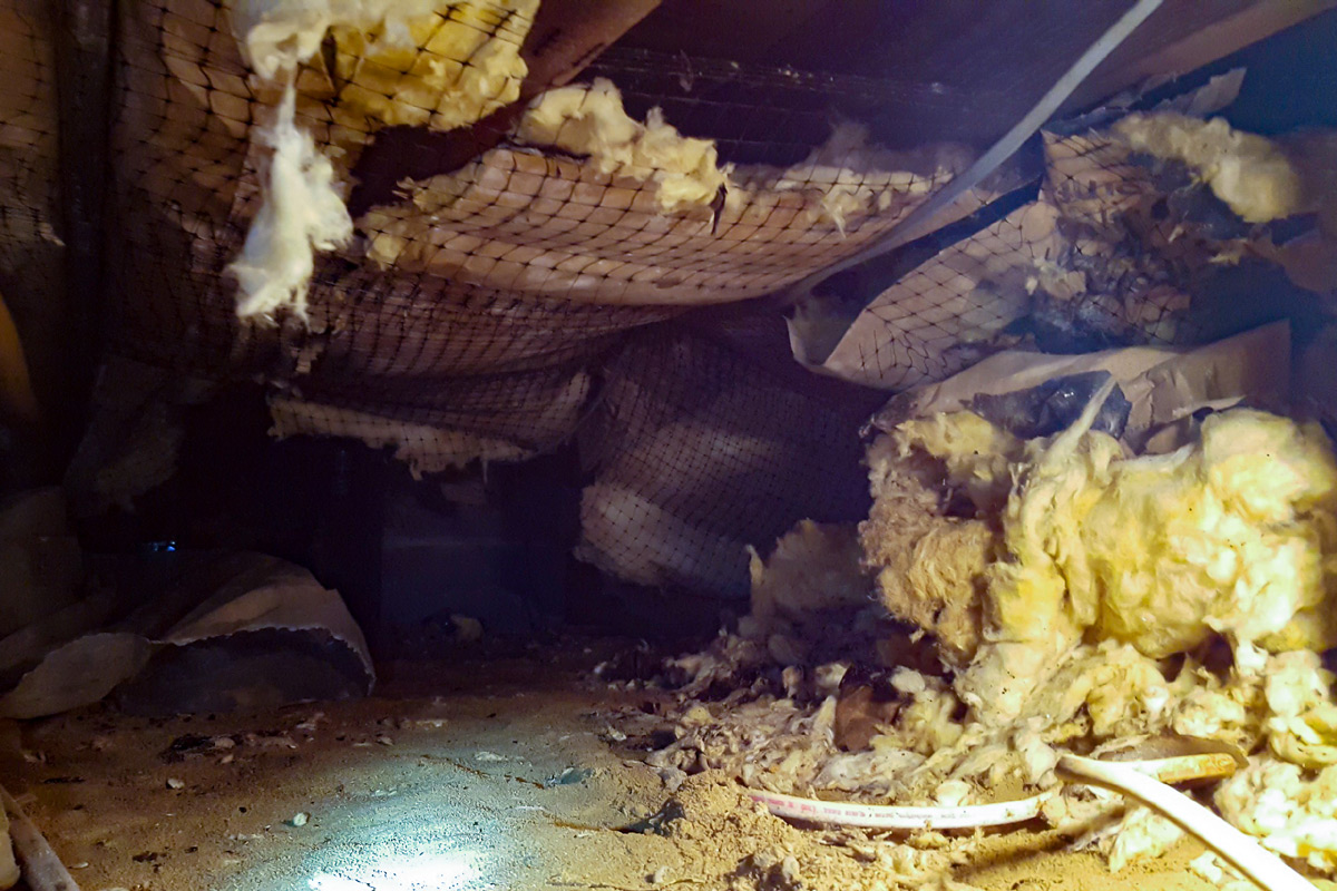 dirty crawl space with wet insulation