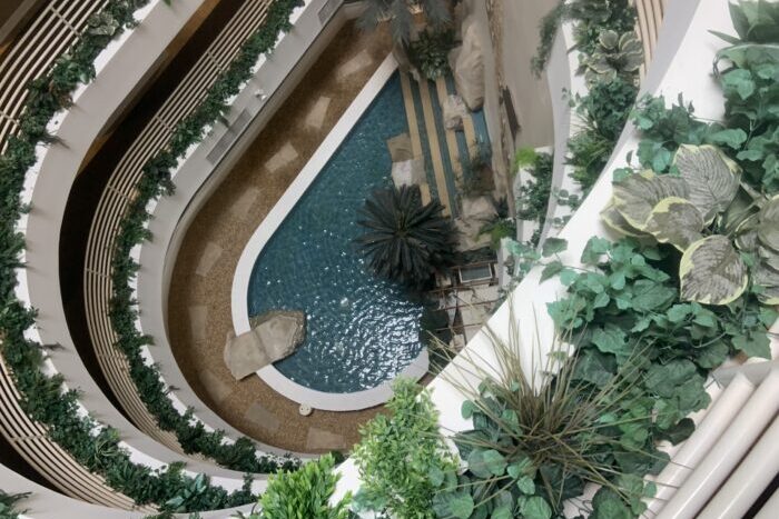 condominium-atrium-humidity-problems-destin condominium atrium with water feature